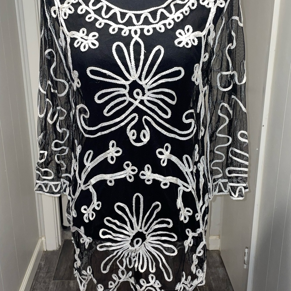 Pretty Angel Black Sheer Tunic with White Embroidered Floral Design